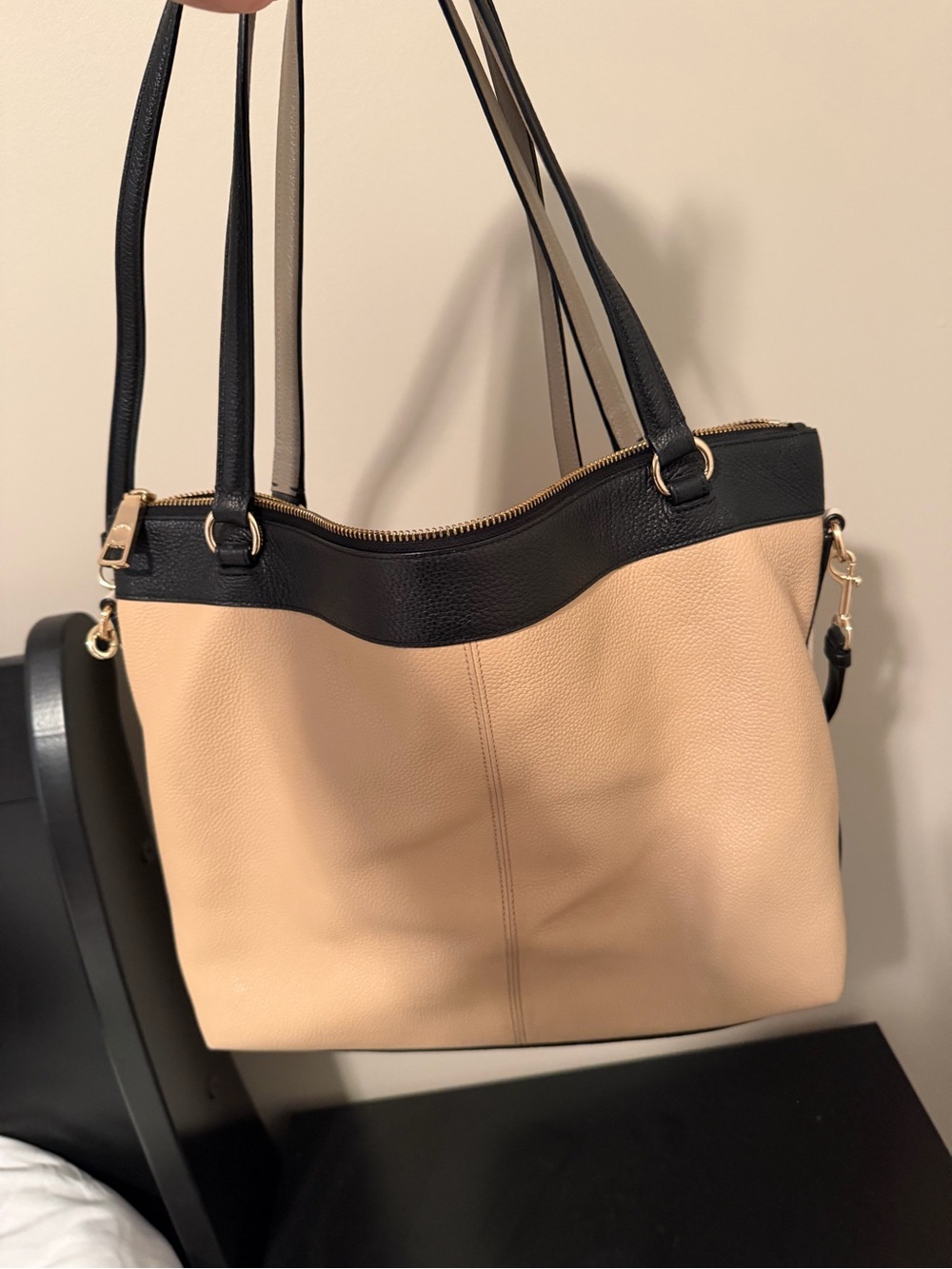 Coach Two-Tone Pebble Leather Tote in Beige and Black - Picture 3 of 4